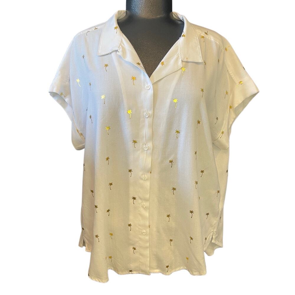 Alex & Jordan White Gold Palm Tree Collared Button-Up Cap Sleeve Blouse M